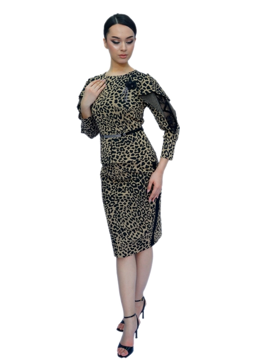 Ayollar kostyumi, leopard naqshli, burmali kofta va midi yubka, M&MATINEY
