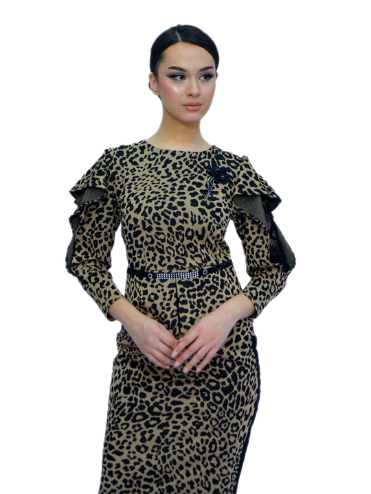 Ayollar kostyumi, leopard naqshli, burmali kofta va midi yubka, M&MATINEY