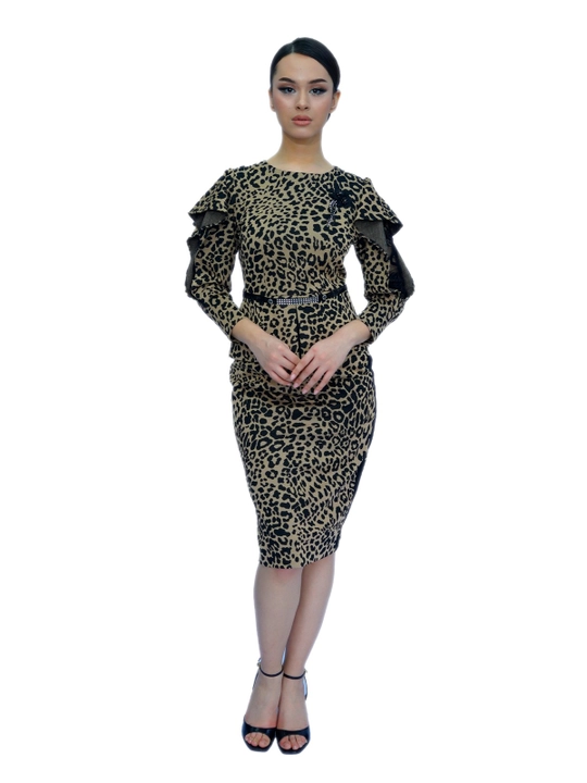 Ayollar kostyumi, leopard naqshli, burmali kofta va midi yubka, M&MATINEY