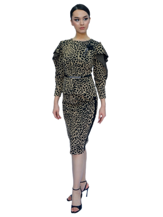 Ayollar kostyumi, leopard naqshli, burmali kofta va midi yubka, M&MATINEY