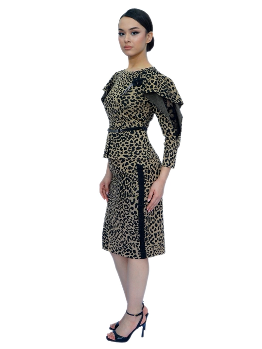 Ayollar kostyumi, leopard naqshli, burmali kofta va midi yubka, M&MATINEY