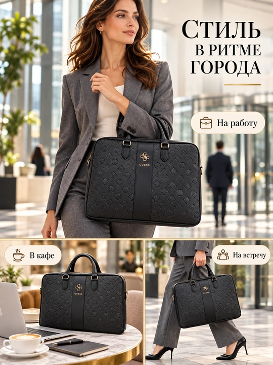 GUESS 13–16 dyuymli noutbuk uchun qora sumka, bo‘rtma naqsh va oltinrang logotip