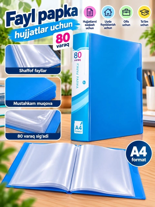 80 varaqli A4 formatli papka-fayl, hujjatlar uchun plastik papka