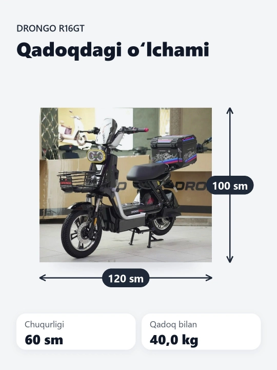 Drongo R16 GT 72V skuteri, yurish masofasi: 60-70 km