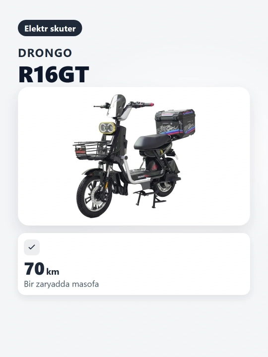Drongo R16 GT 72V skuteri, yurish masofasi: 60-70 km
