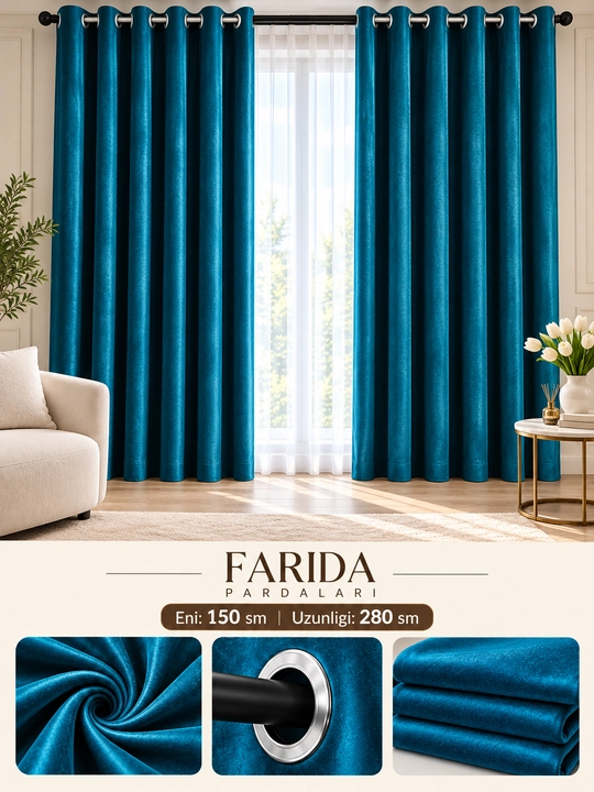 150×280 sm parda — zal, yotoqxona, bolalar xonasi va oshxona uchun mos. Zamonaviy va nafis
