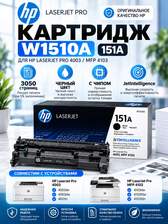 HP 151A W1510A qora toner-kartrij, chip bilan, LaserJet Pro 4003 / MFP 4103 uchun - 