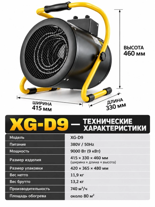 Ventilyatorli sanoat elektr issiqlik to‘pi, 5/9/15 kVt quvvatli, XG-D5 / XG-D9 / XG-D15