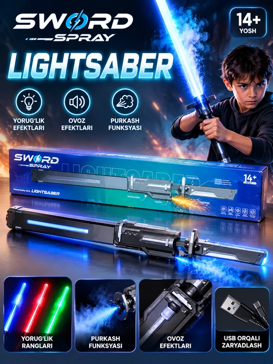 Qilich, uchqun, tuman va tovush effektlari bilan Sparkblade o‘yinchoq qilichi - 
