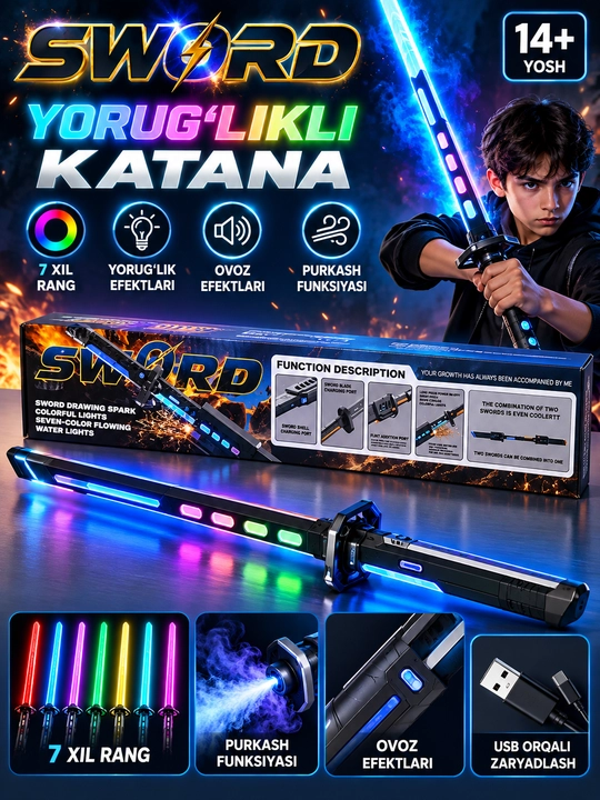 Qilich, uchqun, tuman va tovush effektlariga ega yorqin o‘yinchoq qilich Sparkblade - 