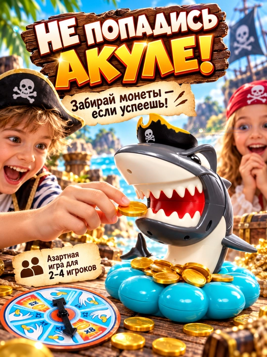 Настольная игра «Жадная акула» с рулеткой и 36 монетами, 2–4 игрока, 4+