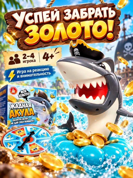 Настольная игра «Жадная акула» с рулеткой и 36 монетами, 2–4 игрока, 4+