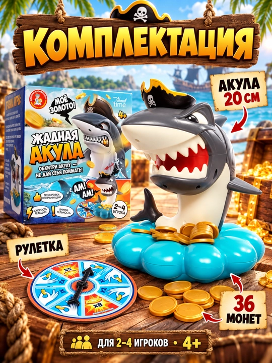 Настольная игра «Жадная акула» с рулеткой и 36 монетами, 2–4 игрока, 4+