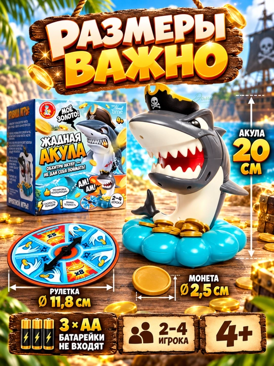 Настольная игра «Жадная акула» с рулеткой и 36 монетами, 2–4 игрока, 4+