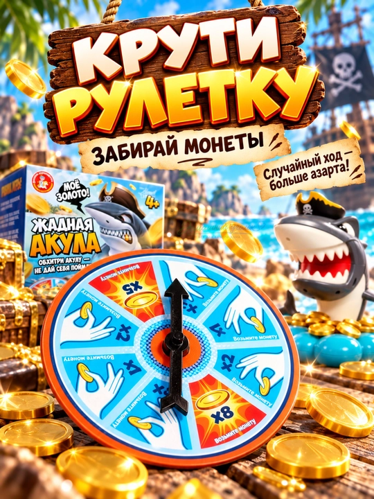 Настольная игра «Жадная акула» с рулеткой и 36 монетами, 2–4 игрока, 4+