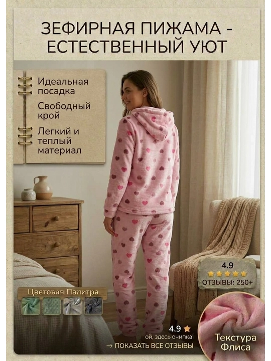 Пижама женская теплая плюшевая пушистая флисовая махровая со штанами комплект домашней - 