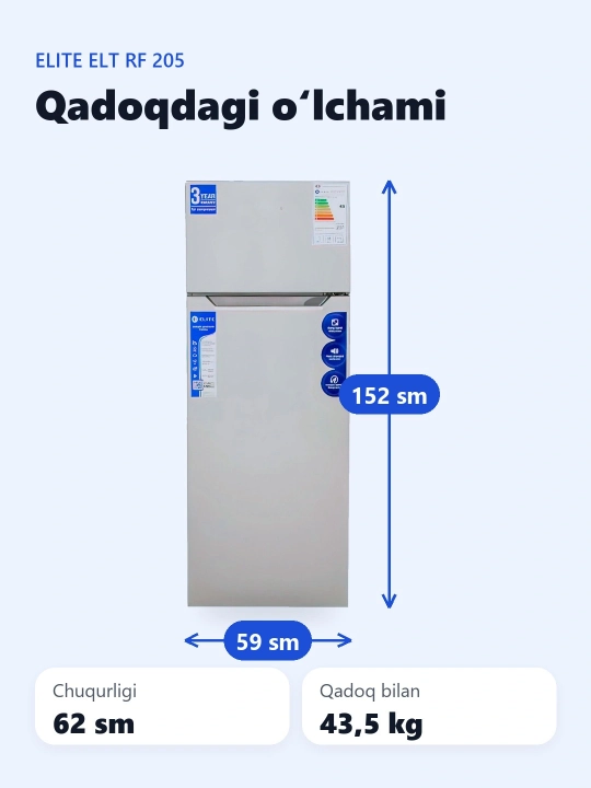 ELT RF-205 muzlatgichi, ikki kamerali, 3 yillik kafolat
