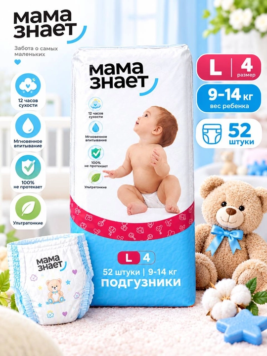 Подгузники MAMA ZNAET, размер L (4), 9–14 кг, 52 штуки - 