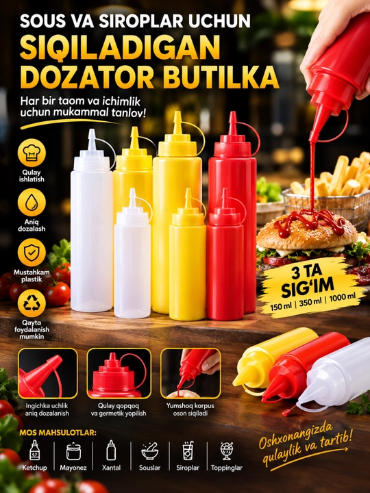 Sous va sirop uchun siqiladigan dozator butilka, dispenser 150/350/1000 ml - 
