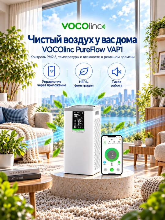 Aqlli havo tozalagich VOCOlinc PureFlow VAP1 HEPA H13 filtri bilan uy va ofis uchun