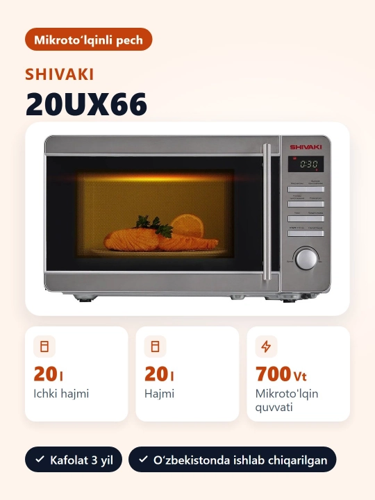 Mikroto'lqinli pech Shivaki 20UX66 700 Vt Raqamli