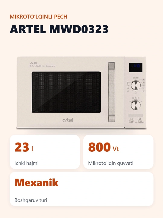 Mikroto'lqinli pech Artel MWD 0323, 23 l Auto-menyu funksiyasi va ovozli taymer bilan