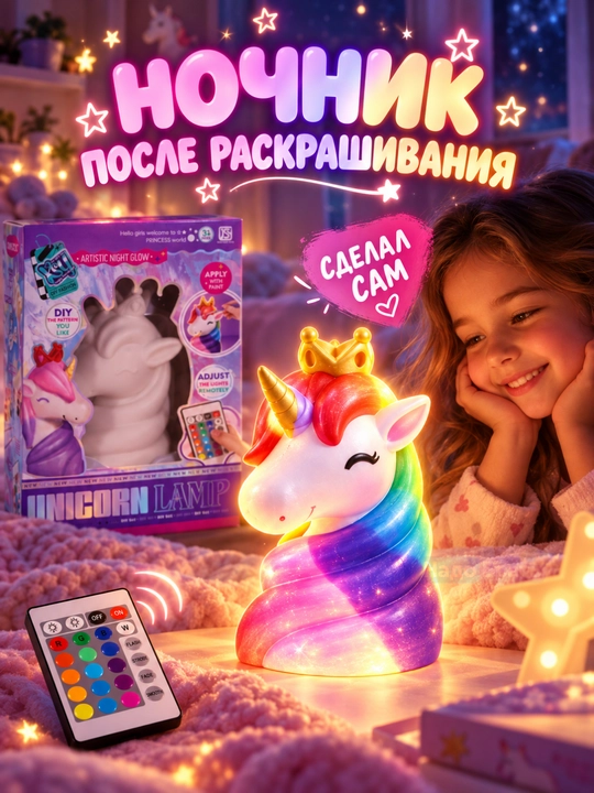 Pult va bo‘yoqlar bilan DIY tungi chiroq-bo‘yash to‘plami, yagona shox (Unicorn) va mushuk, bolalar uchun ijodiy to‘plam