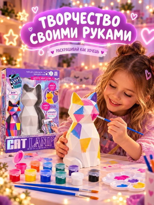 Pult va bo‘yoqlar bilan DIY tungi chiroq-bo‘yash to‘plami, yagona shox (Unicorn) va mushuk, bolalar uchun ijodiy to‘plam