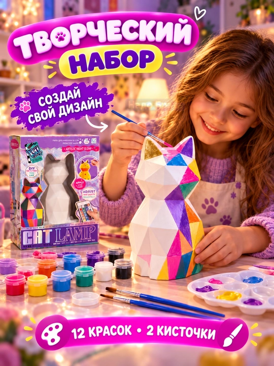 Pult va bo‘yoqlar bilan DIY tungi chiroq-bo‘yash to‘plami, yagona shox (Unicorn) va mushuk, bolalar uchun ijodiy to‘plam