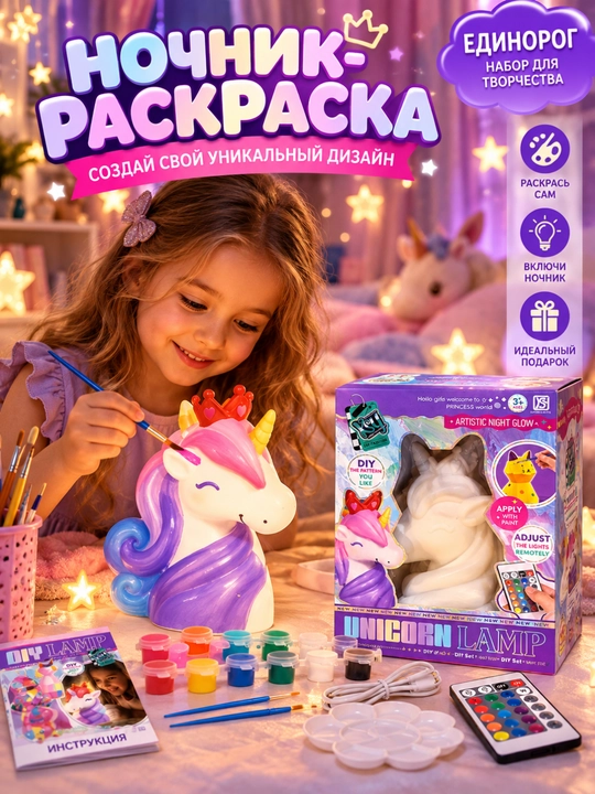 Pult va bo‘yoqlar bilan DIY tungi chiroq-bo‘yash to‘plami, yagona shox (Unicorn) va mushuk, bolalar uchun ijodiy to‘plam