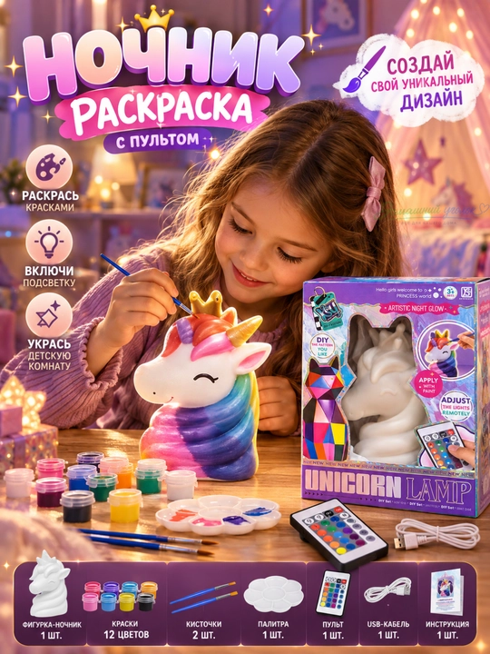 Pult va bo‘yoqlar bilan DIY tungi chiroq-bo‘yash to‘plami, yagona shox (Unicorn) va mushuk, bolalar uchun ijodiy to‘plam