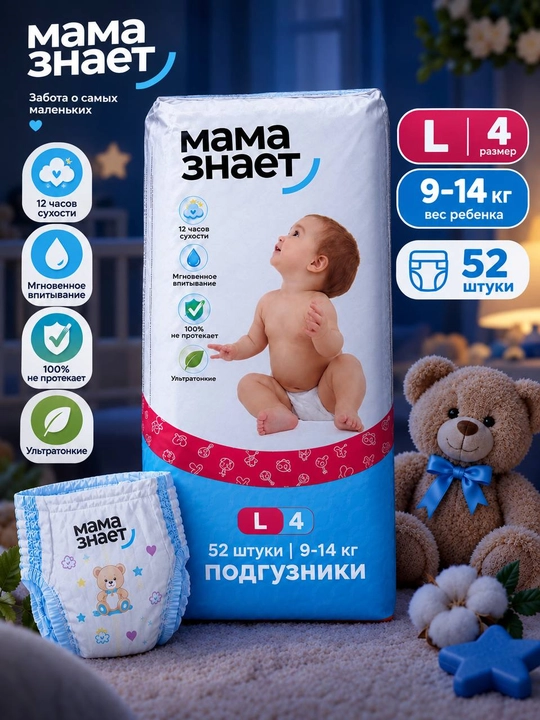 Подгузники MAMA ZNAET, размер L (4), 9–14 кг, 52 штуки - 