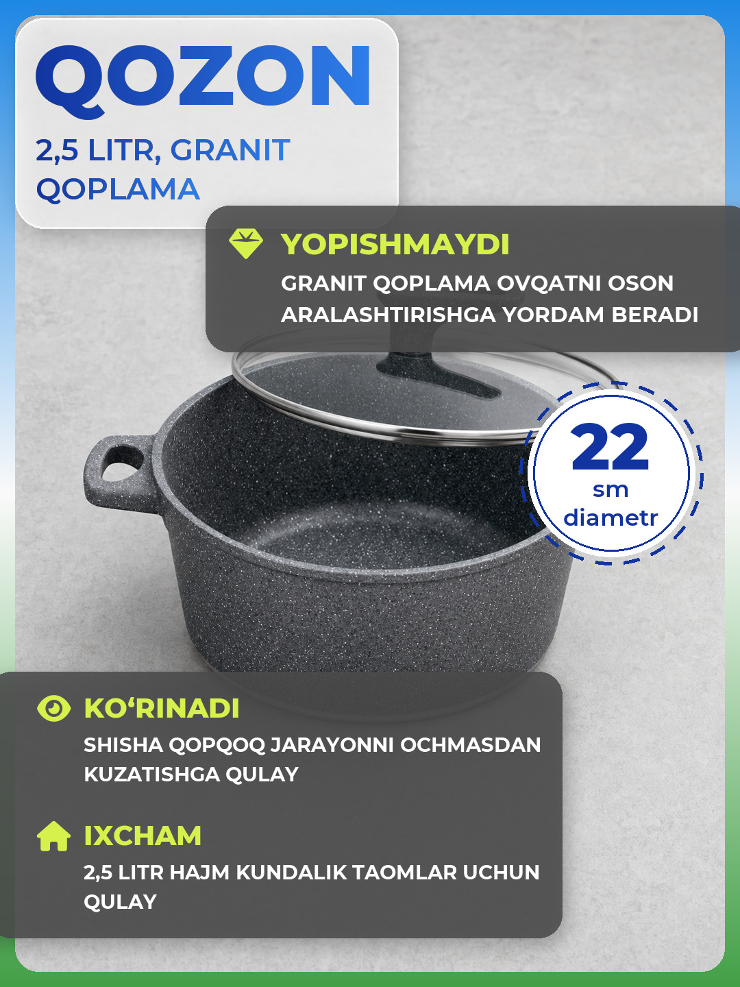 Qozon 22 sm UAKEEN granit