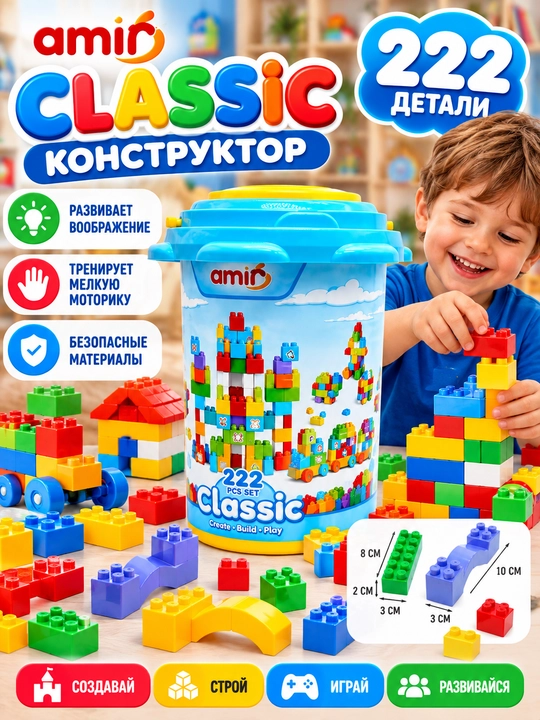 AMI Classic конструктор LEGO, 222 разноцветные детали, в ведёрке - 