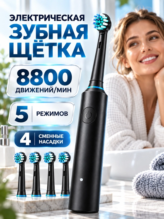 Электрическая зубная щетка с круглой головкой, 5 режимов, 4 сменные насадки - 