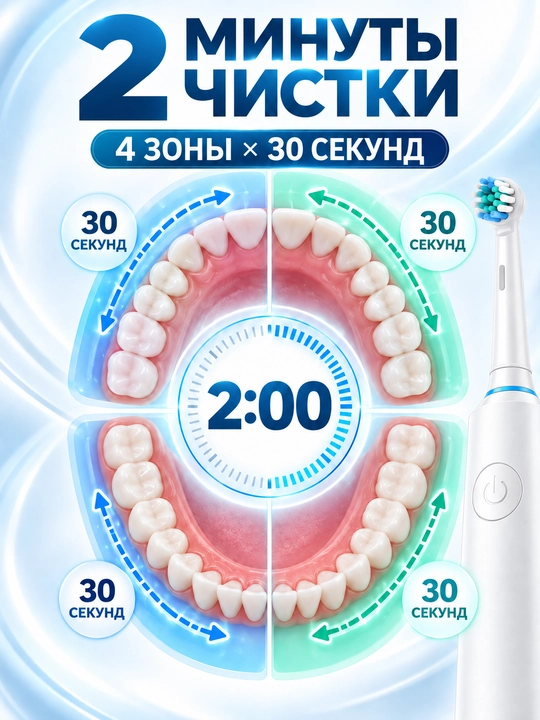 Электрическая зубная щетка с круглой головкой, 5 режимов, 4 сменные насадки