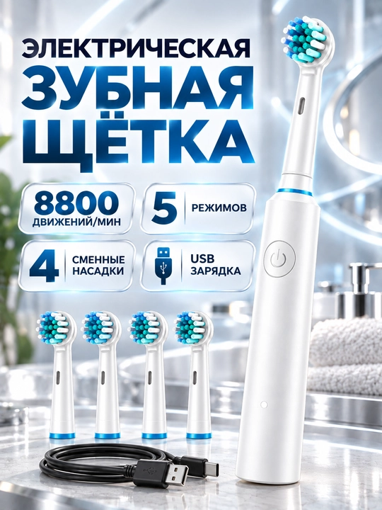 Электрическая зубная щетка с круглой головкой, 5 режимов, 4 сменные насадки - 