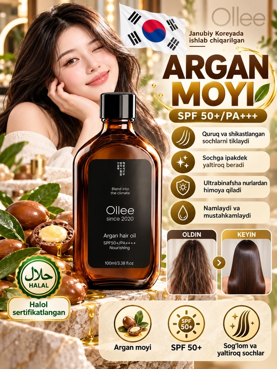 Soch uchun OLLEE argan yog‘i 100 ml, SPF50+/PA++++, termohimoya va parvarish uchun - 