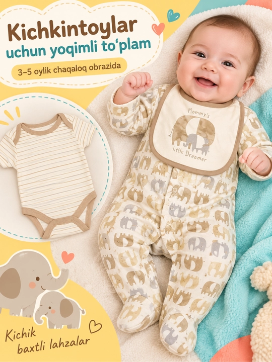 Bodi, chaqaloqlar uchun 3 ta qismli kiyim to'plami, bodi, futbolka, oshxo'rak - 
