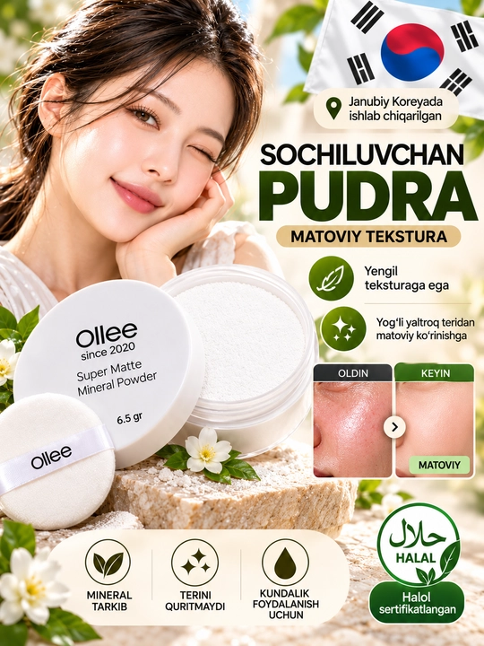 Yuz uchun OLLEE Super Matte Sebum-Free mineral pudra, matlashtiruvchi koreys kosmetikasi - 