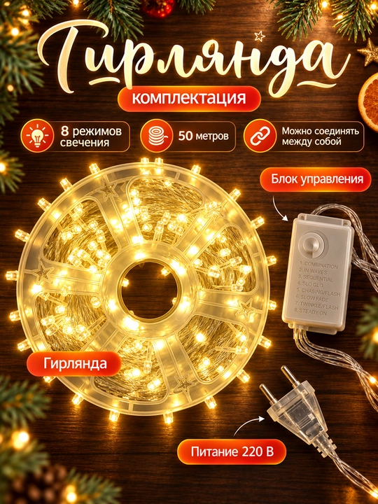 LED girlyanda 50 metr, 8 rejim, 220 V, o‘zaro ulanadigan, sovuq/iliq/rang-barang yorug‘lik