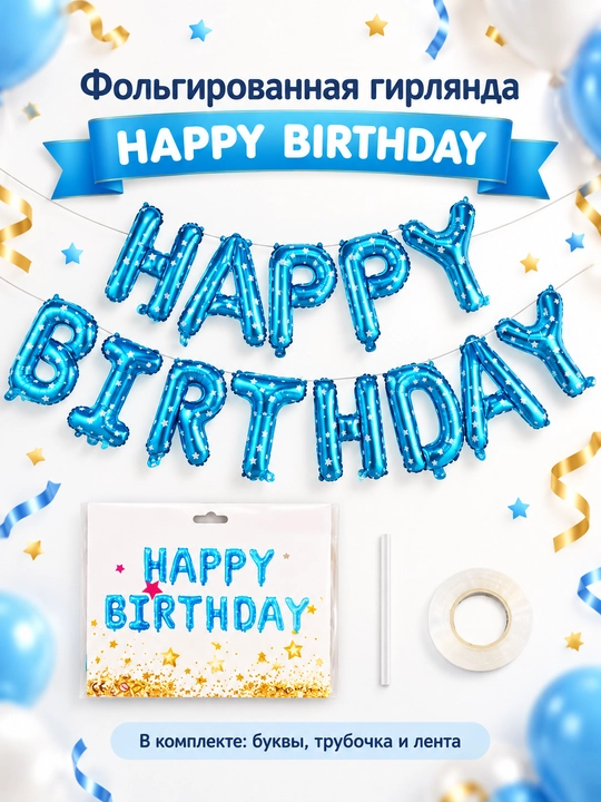 Фольгированные шары-буквы Happy Birthday, золотые, 13 шт, декор на день рождения - 