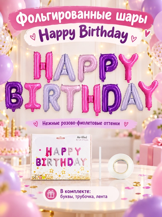Фольгированные шары-буквы Happy Birthday, золотые, 13 шт, декор на день рождения - 