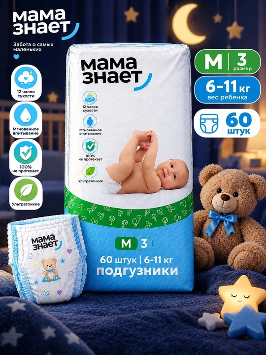 MAMA ZNAET M 3 размер детские подгузники, 60 штук, 6–11 кг - 