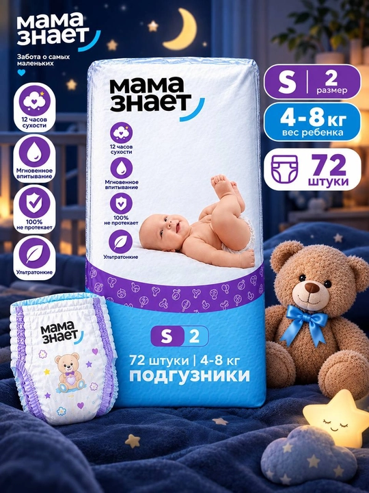 Подгузники MAMA ZNAET S 2 размера, 72 штуки, 4–8 кг - 