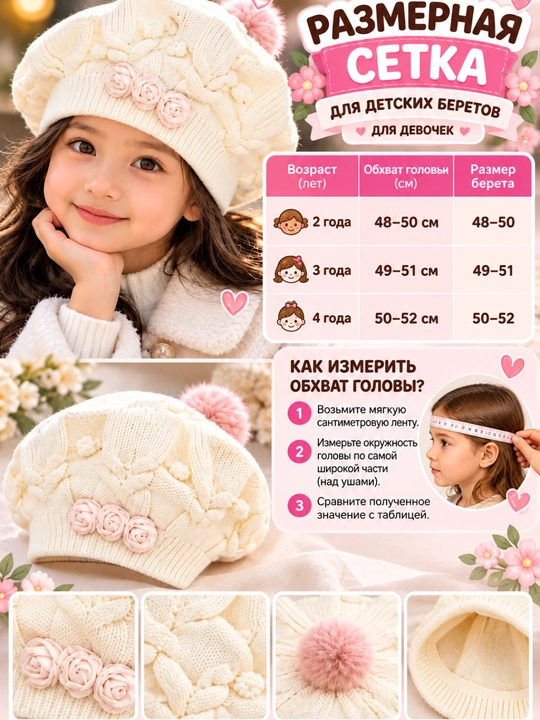 Осенне-весенняя шапка берет для девочек