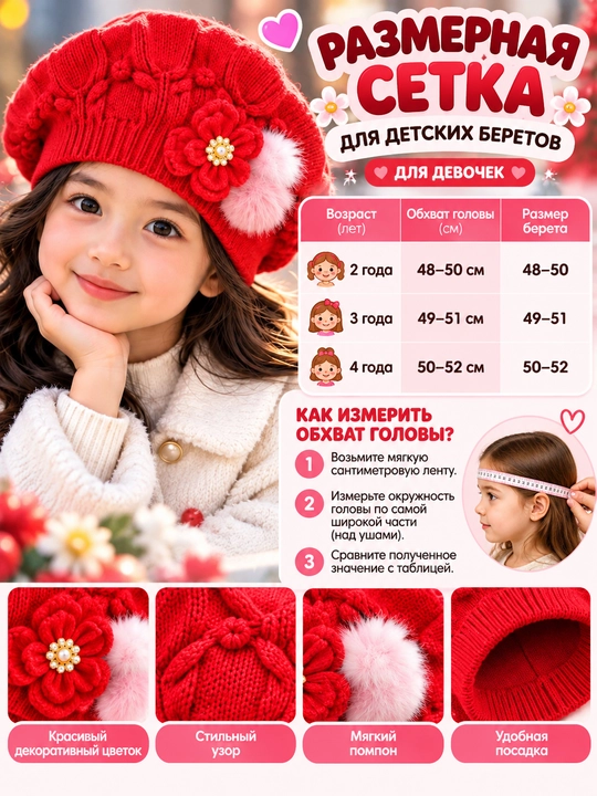 Осенне-весенняя шапка берет для девочек