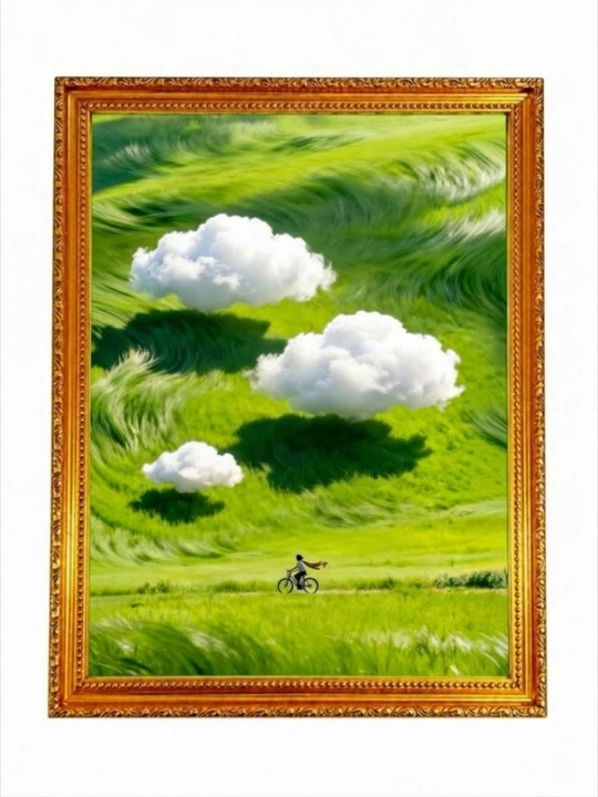 Ramkali dekorativ rasm "Yashil yaylov va bulutlar", velosipeddagi sayohatchi, 40x30 sm