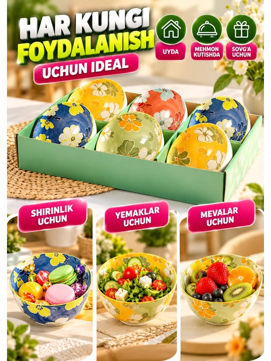 Chinni kosa va piyolalar to‘plami, keramika idishlar, salat va servir uchun, 115×50×60 mm