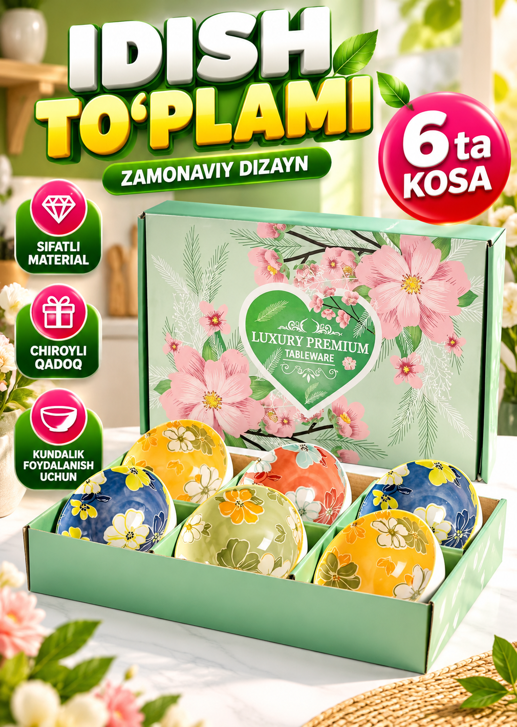 Chinni kosa va piyolalar to‘plami, keramika idishlar, salat va servir uchun, 115×50×60 mm - 